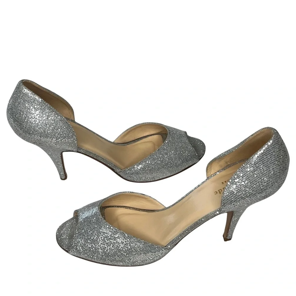 kate spade Heels Glitter Sage D’Orsay Peep Toe Pumps Sparkly Silver Starlight 9